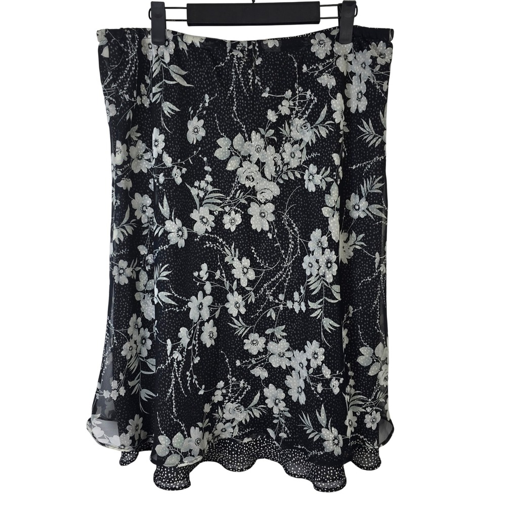 Notations XL Black Floral Polka Dot Chiffon Midi Skirt Women's 90s‎